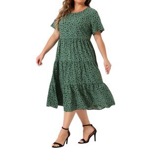 Plus Size Agnes Orinda Dress 2X Green Polka Dot Women Short Sleeve Midi Layered